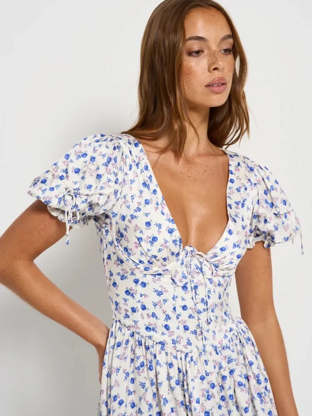 For Love & Lemons Paulina Corset White Mini Dress with Blue Floral Print - M - Picture 2 of 13